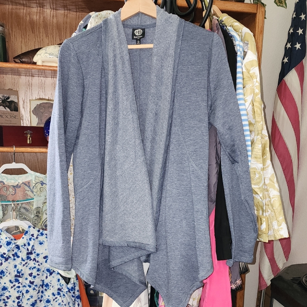 Bobeau Heather Blue Gray Open Front Cardigan Warm Furry Inside